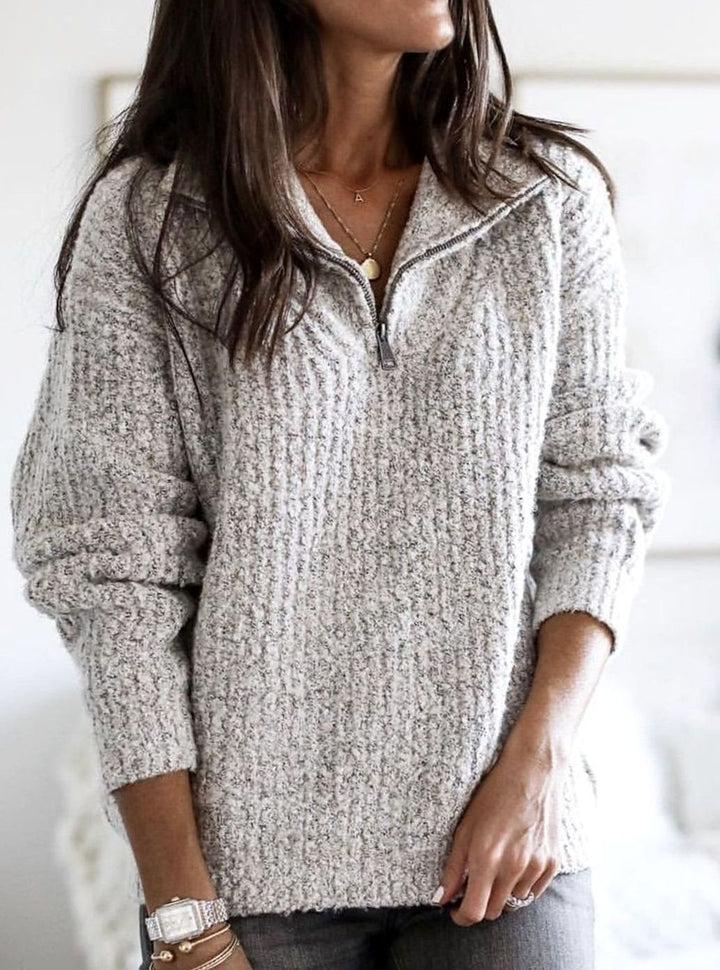 Wren quarter-zip cable-knit pullover sweater in heather gray, close-up view