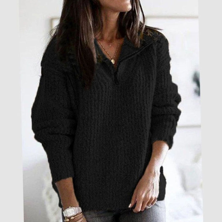 Wren quarter-zip cable-knit pullover sweater in black, close-up view