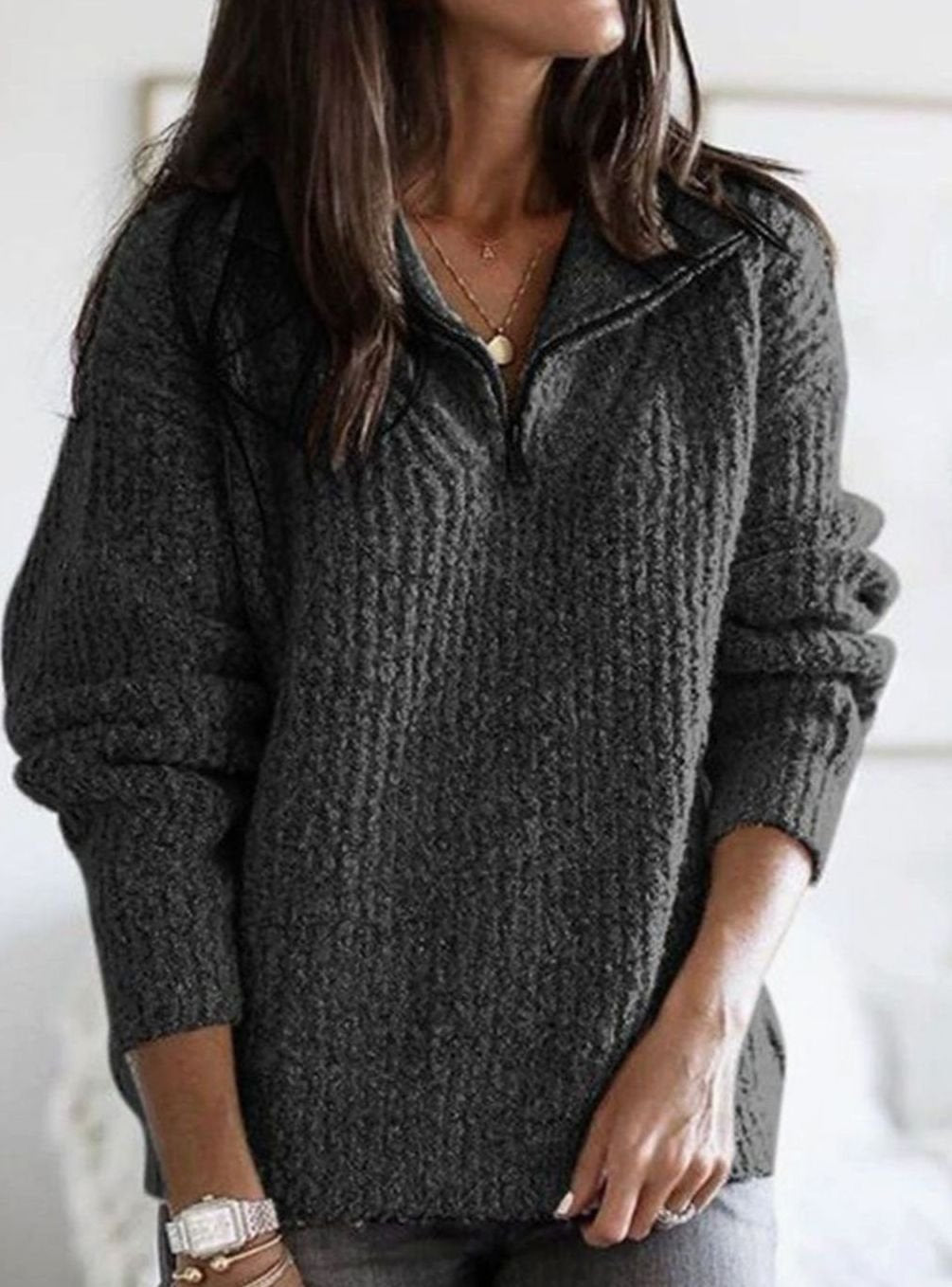 Wren quarter-zip cable-knit pullover sweater in dark gray, close-up view