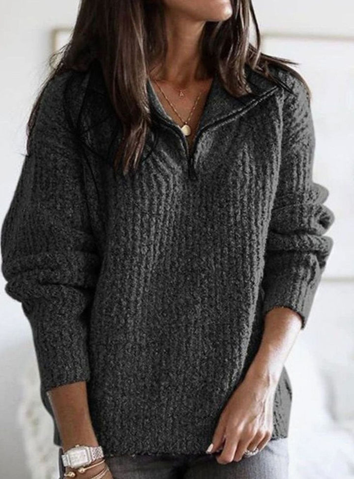 Wren quarter-zip cable-knit pullover sweater in dark gray, close-up view