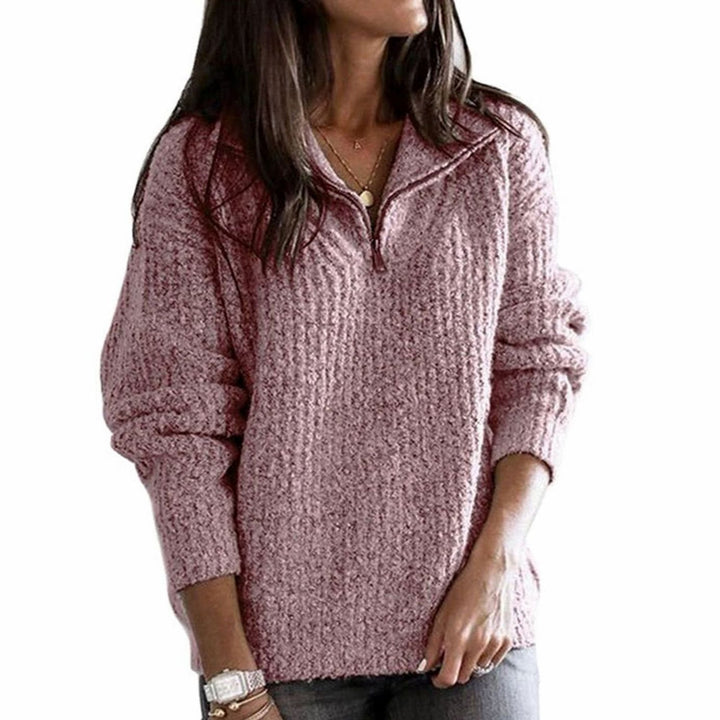 Wren quarter-zip cable-knit pullover sweater in pink, close-up view