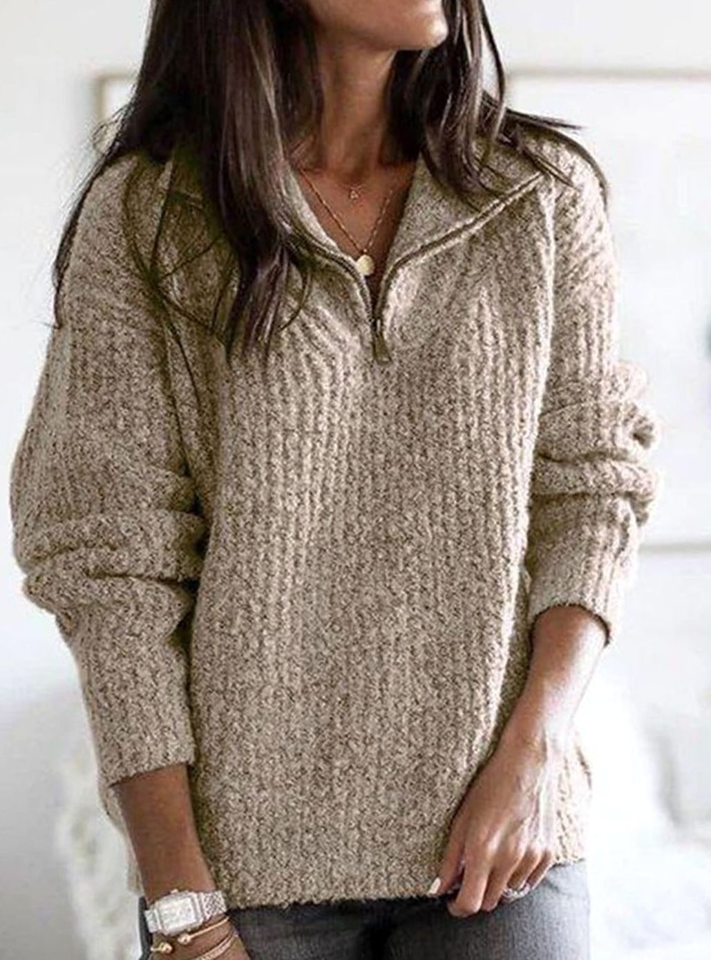 Wren quarter-zip cable-knit pullover sweater in khaki, close-up view
