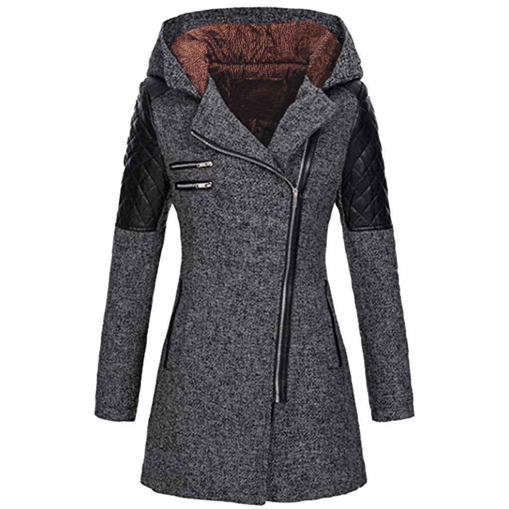 Wren hooded asymmetric zip coat with quilted sleeves, front view in dark gray