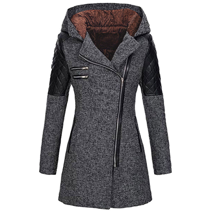 Wren hooded asymmetric zip coat with quilted sleeves, front view in dark gray