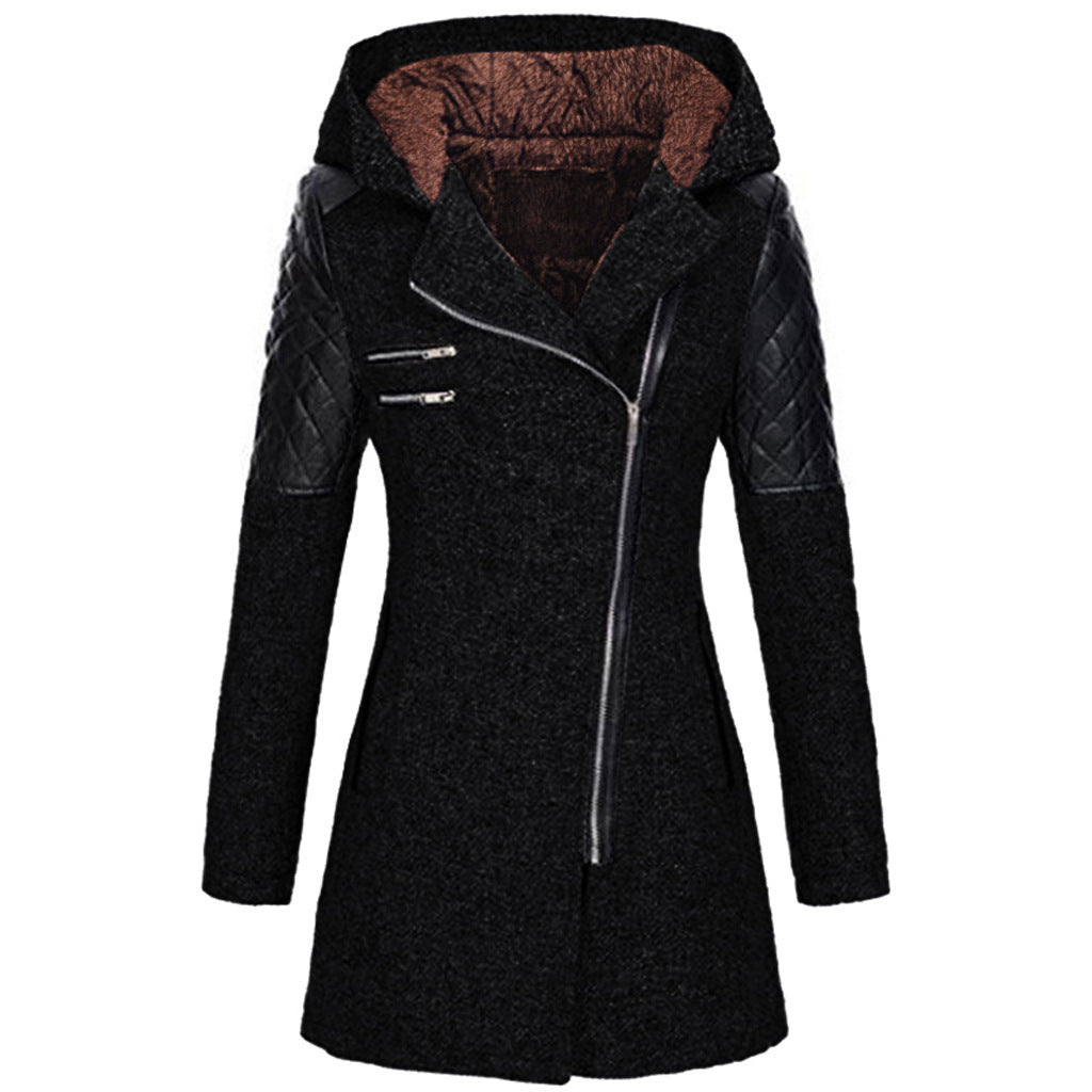 Wren hooded asymmetric zip coat with plush lining, front view in black