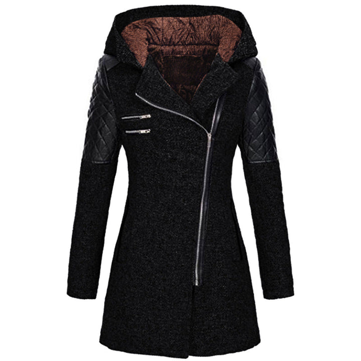 Wren hooded asymmetric zip coat with plush lining, front view in black