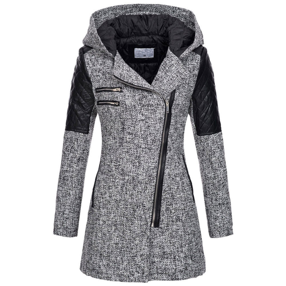 Wren hooded asymmetric zip coat, front view in light gray