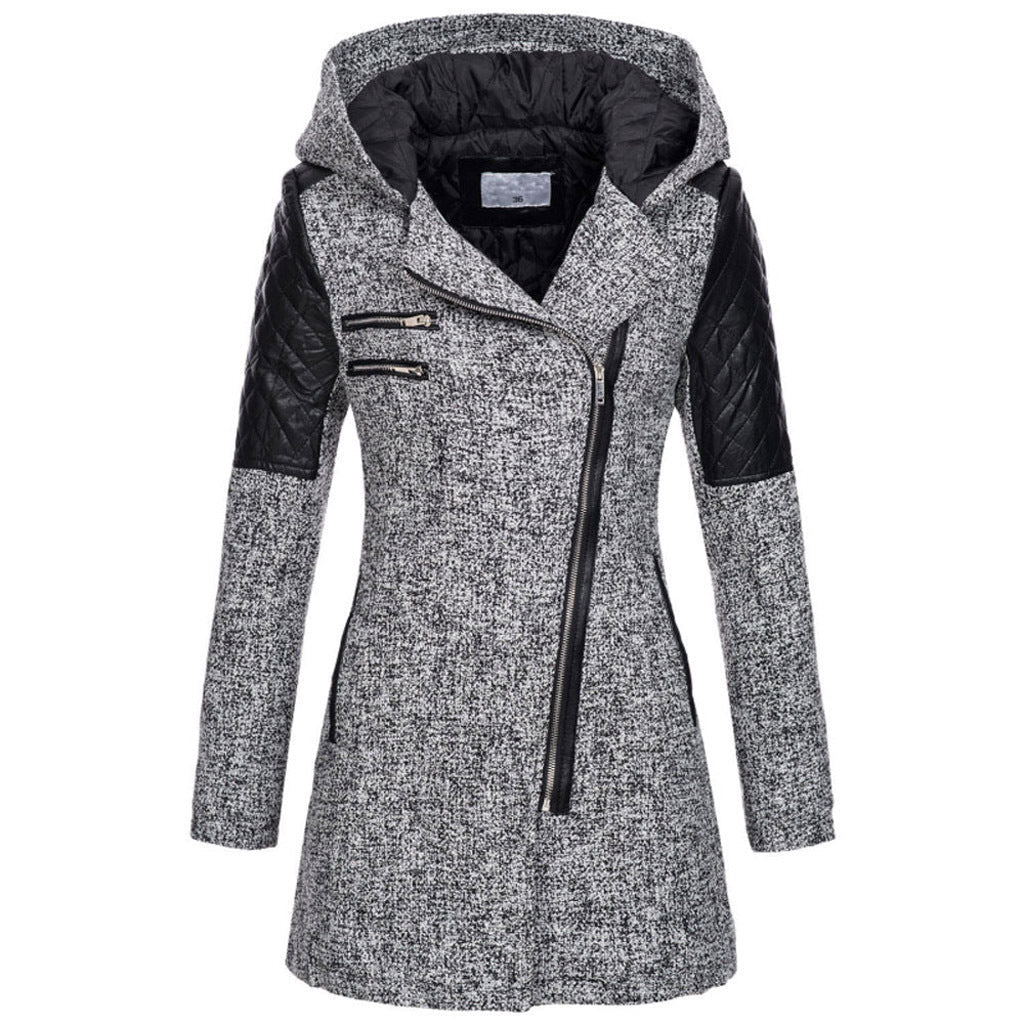 Wren hooded asymmetric zip coat, front view in light gray