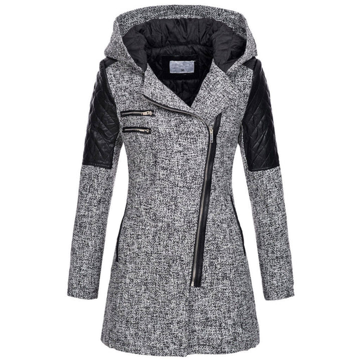 Wren hooded asymmetric zip coat, front view in light gray