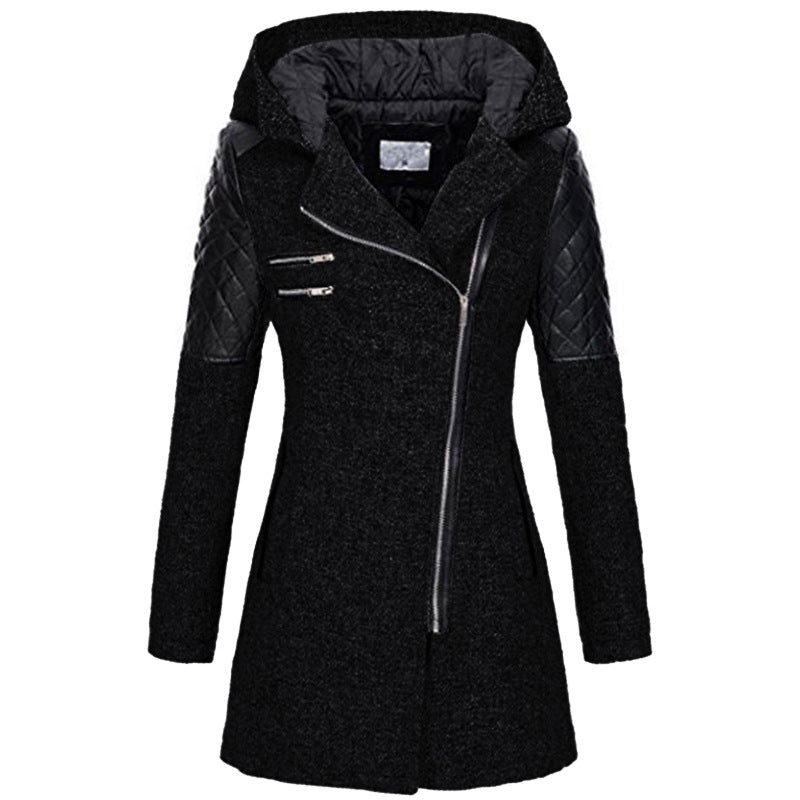 Wren hooded asymmetric zip coat, front view in black