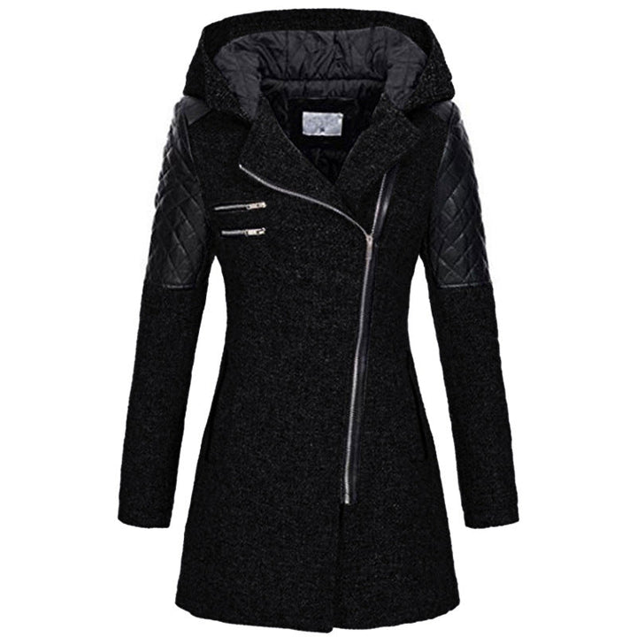 Wren hooded asymmetric zip coat, front view in black