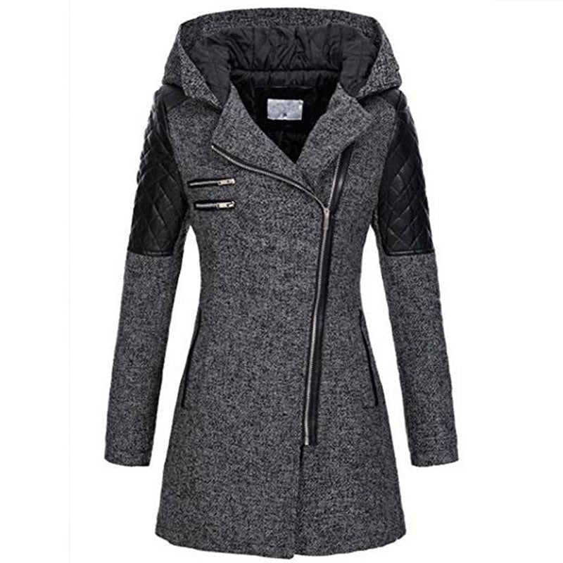 Wren hooded asymmetric zip coat, front view in dark gray