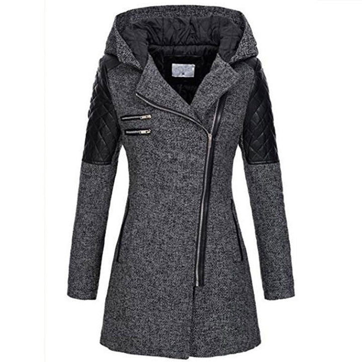 Wren hooded asymmetric zip coat, front view in dark gray