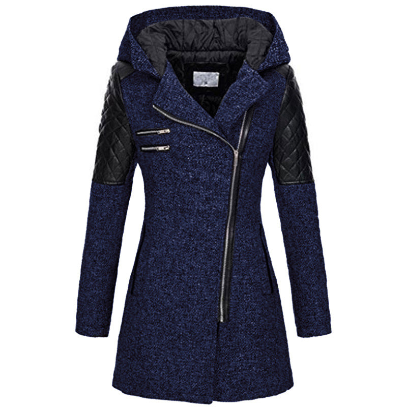 Wren hooded asymmetric zip coat, front view in navy blue
