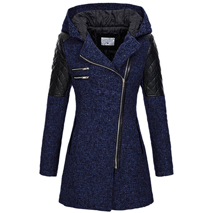 Wren hooded asymmetric zip coat, front view in navy blue