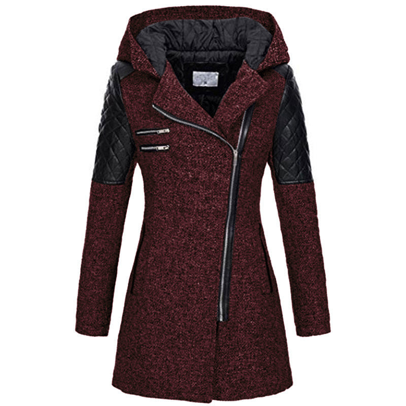Wren hooded asymmetric zip coat, front view in burgundy