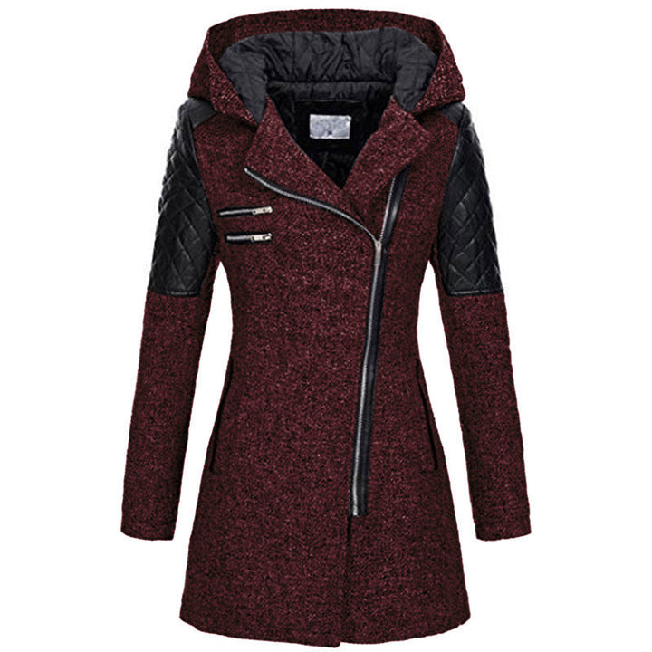 Wren hooded asymmetric zip coat, front view in burgundy