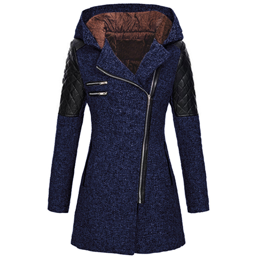 Wren hooded asymmetric zip coat with plush lining, front view in navy blue