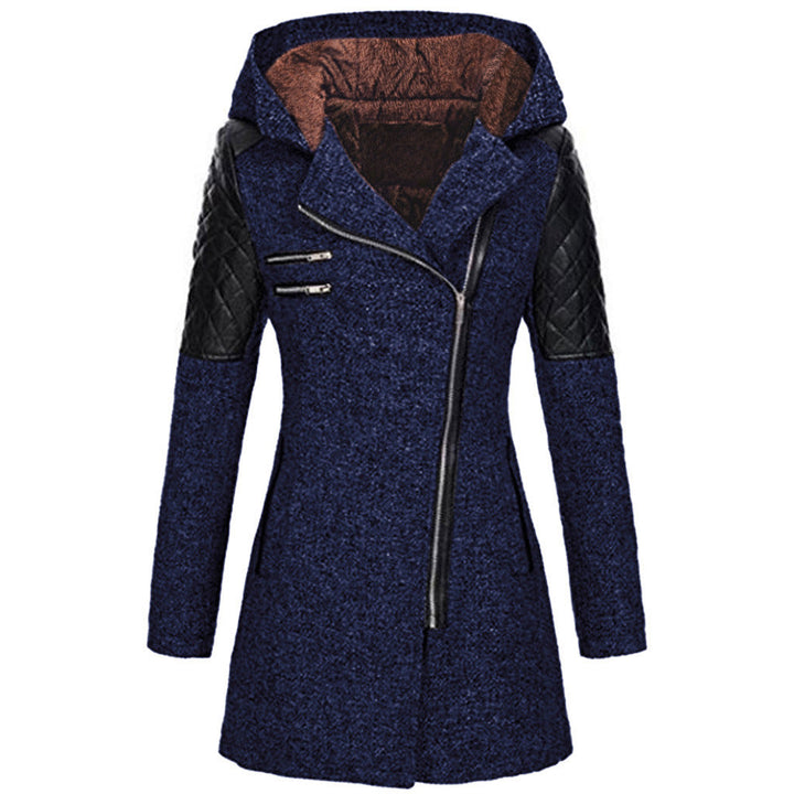 Wren hooded asymmetric zip coat with plush lining, front view in navy blue