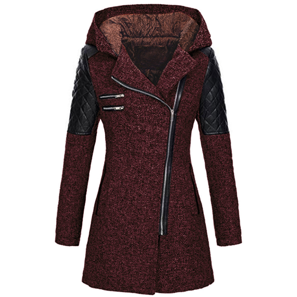 Wren hooded asymmetric zip coat with plush lining, front view in burgundy