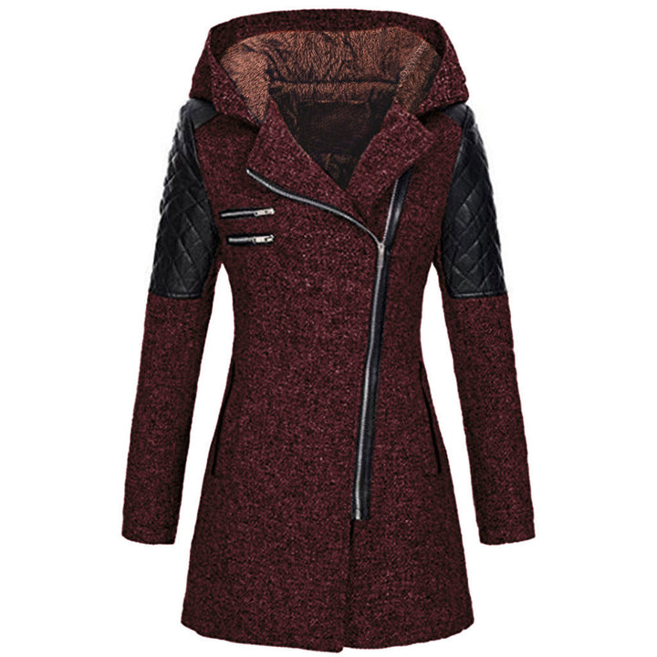 Wren hooded asymmetric zip coat with plush lining, front view in burgundy