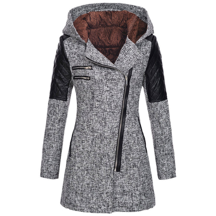 Wren hooded asymmetric zip coat with plush lining, front view in light gray