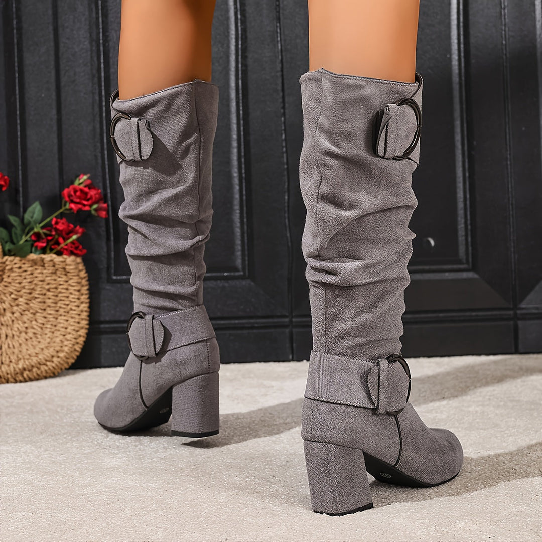 Wren slouchy knee-high boots in gray, back view standing