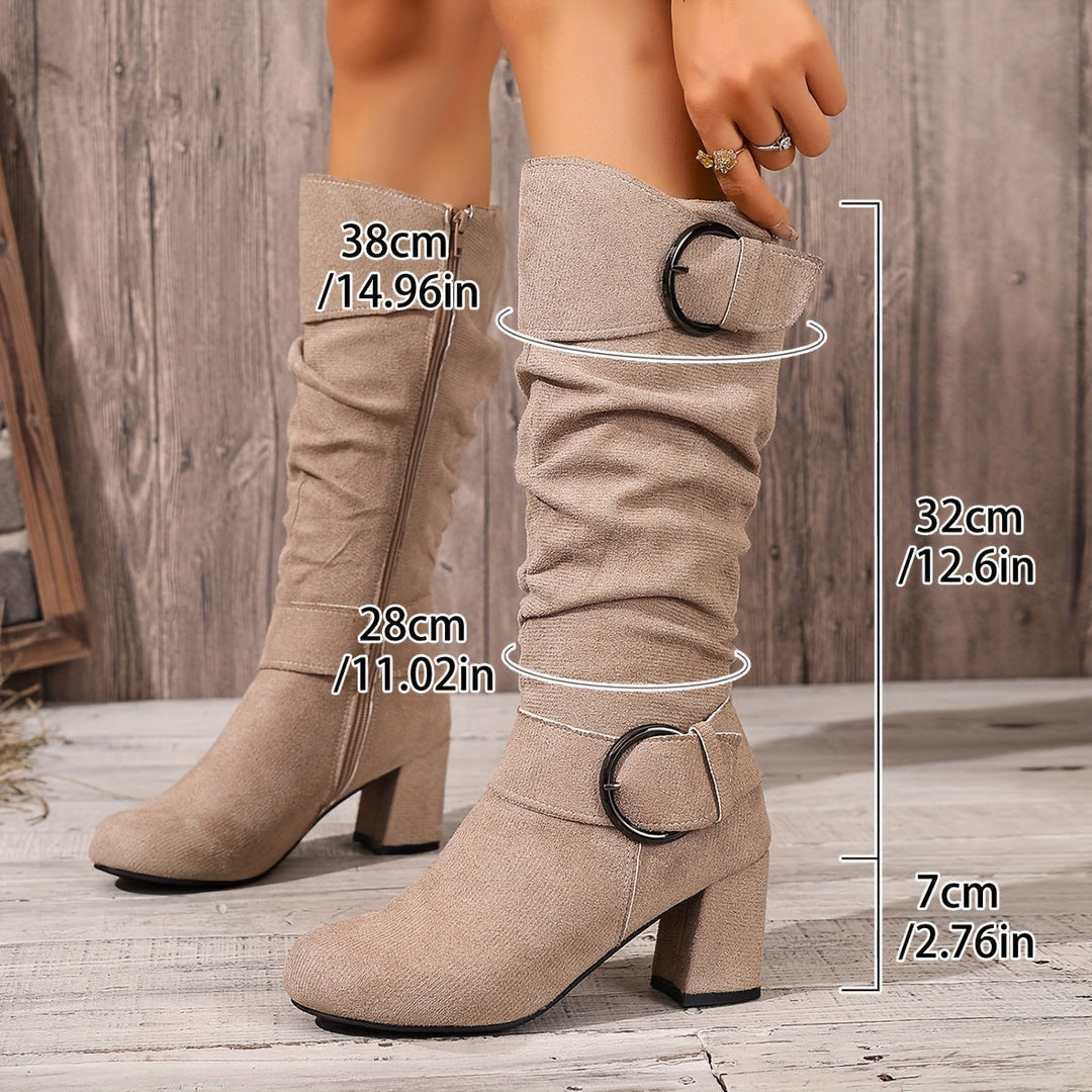 Wren slouchy knee-high boots in beige with measurement details