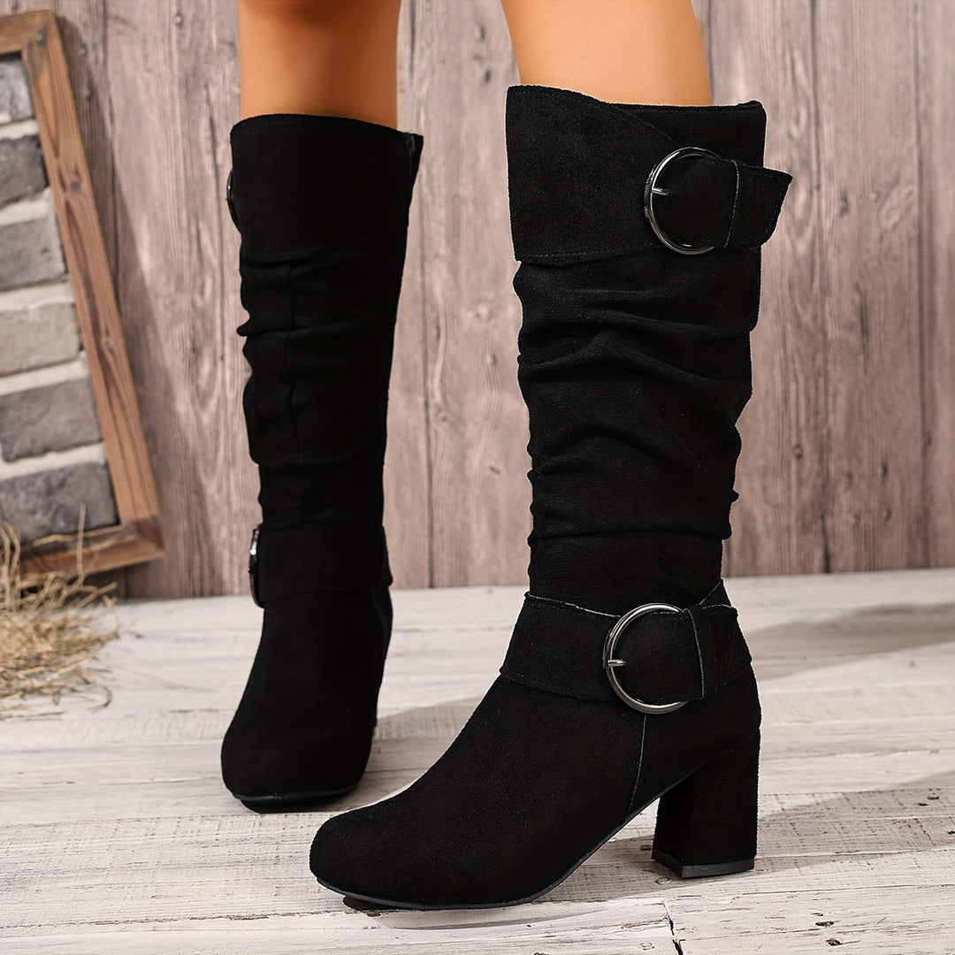 Wren slouchy knee-high boots in black, front view on model