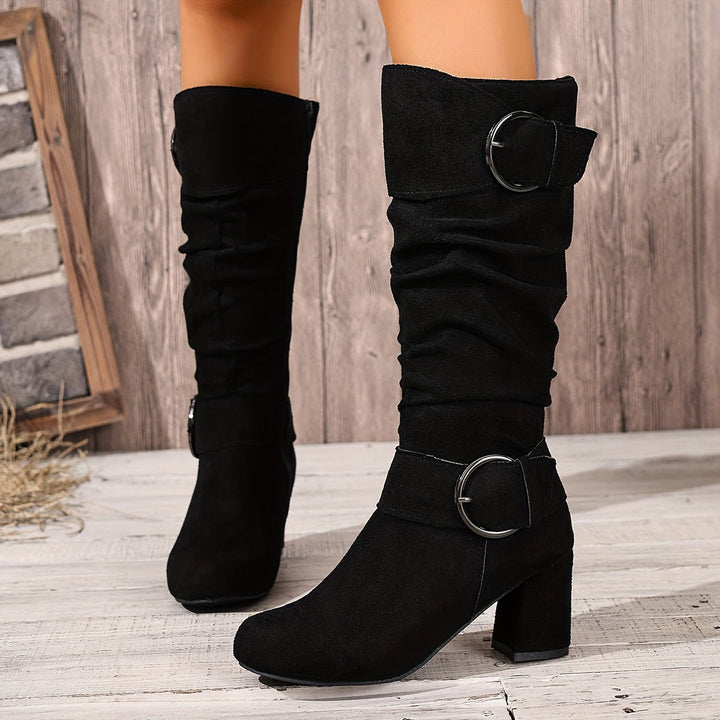 Wren slouchy knee-high boots in black, front view on model