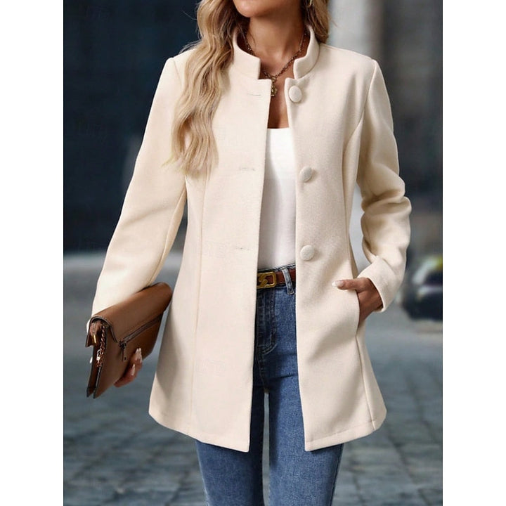 Wren stand collar button front coat, front view close up