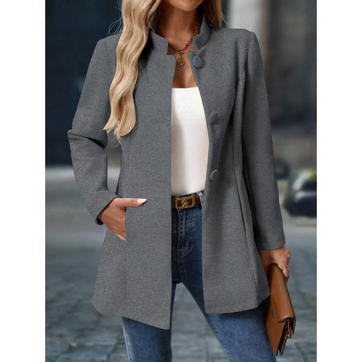 Wren stand collar coat styled with jeans, front view