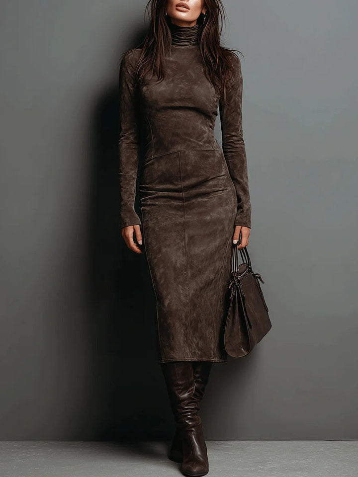 Wren turtleneck long sleeve midi dress in dark brown, front view
