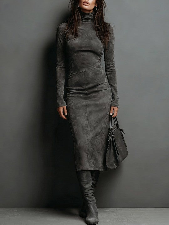 Wren turtleneck long sleeve midi dress in dark grey, front view