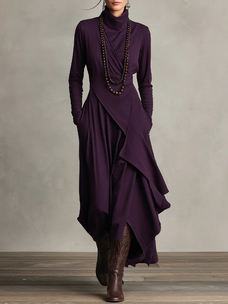Wren turtleneck wrap maxi dress in purple, front view with layered asymmetric hem