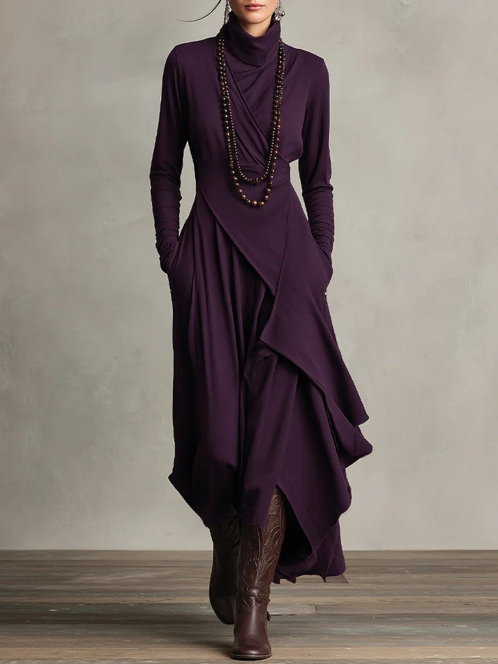 Wren turtleneck wrap maxi dress in purple, front view with layered asymmetric hem