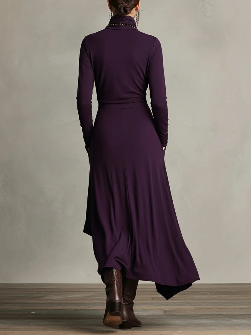 Wren turtleneck maxi dress in purple, back view showing flowing silhouette