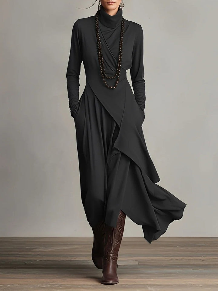 Wren turtleneck wrap maxi dress in black, front view