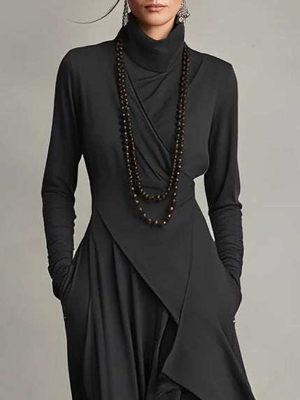 Wren turtleneck wrap maxi dress in black, close-up neckline detail