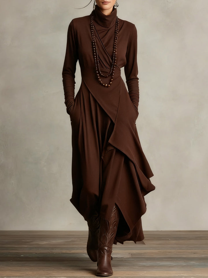 Wren turtleneck wrap maxi dress in brown, front view