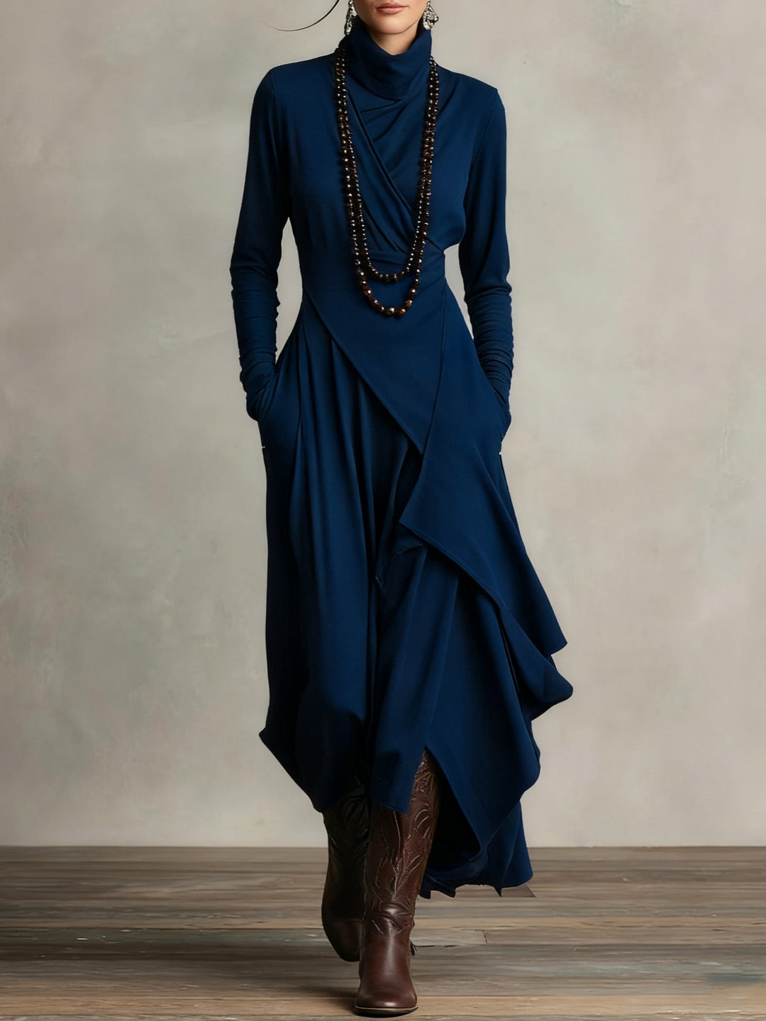 Wren turtleneck wrap maxi dress in navy blue, front view