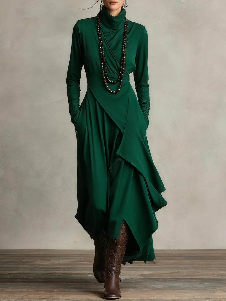 Wren turtleneck wrap maxi dress in green, front view