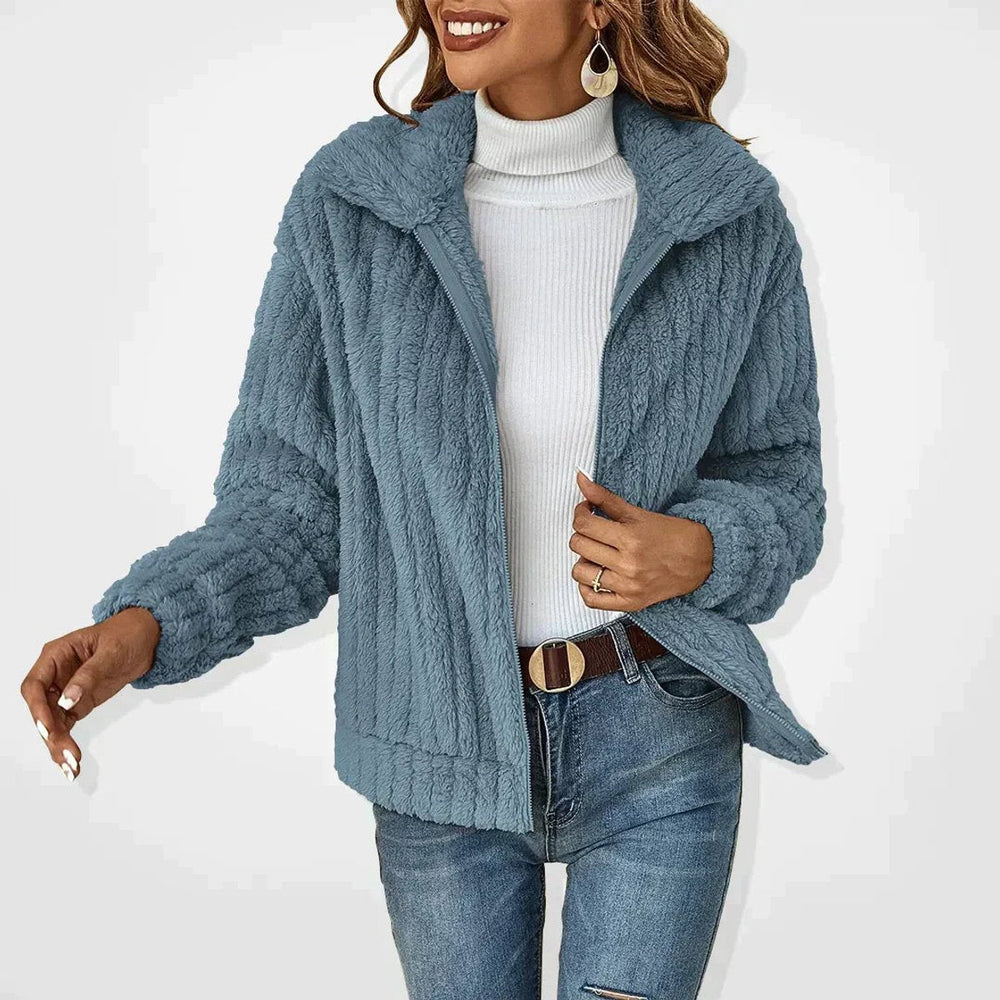Wren fluffy zip-up sherpa cardigan jacket in blue, front view