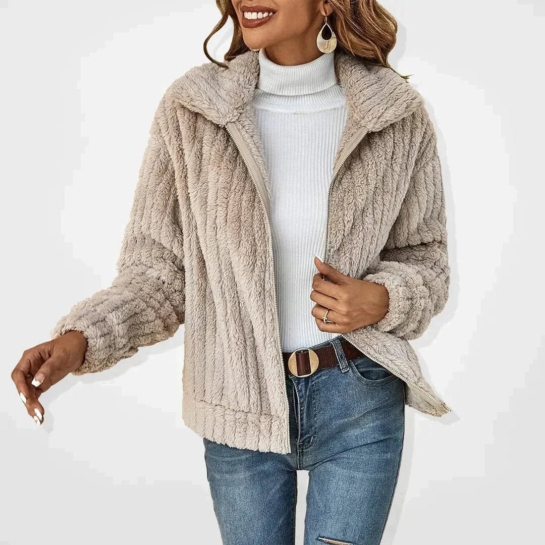 Wren fluffy zip-up sherpa cardigan jacket in beige, front view