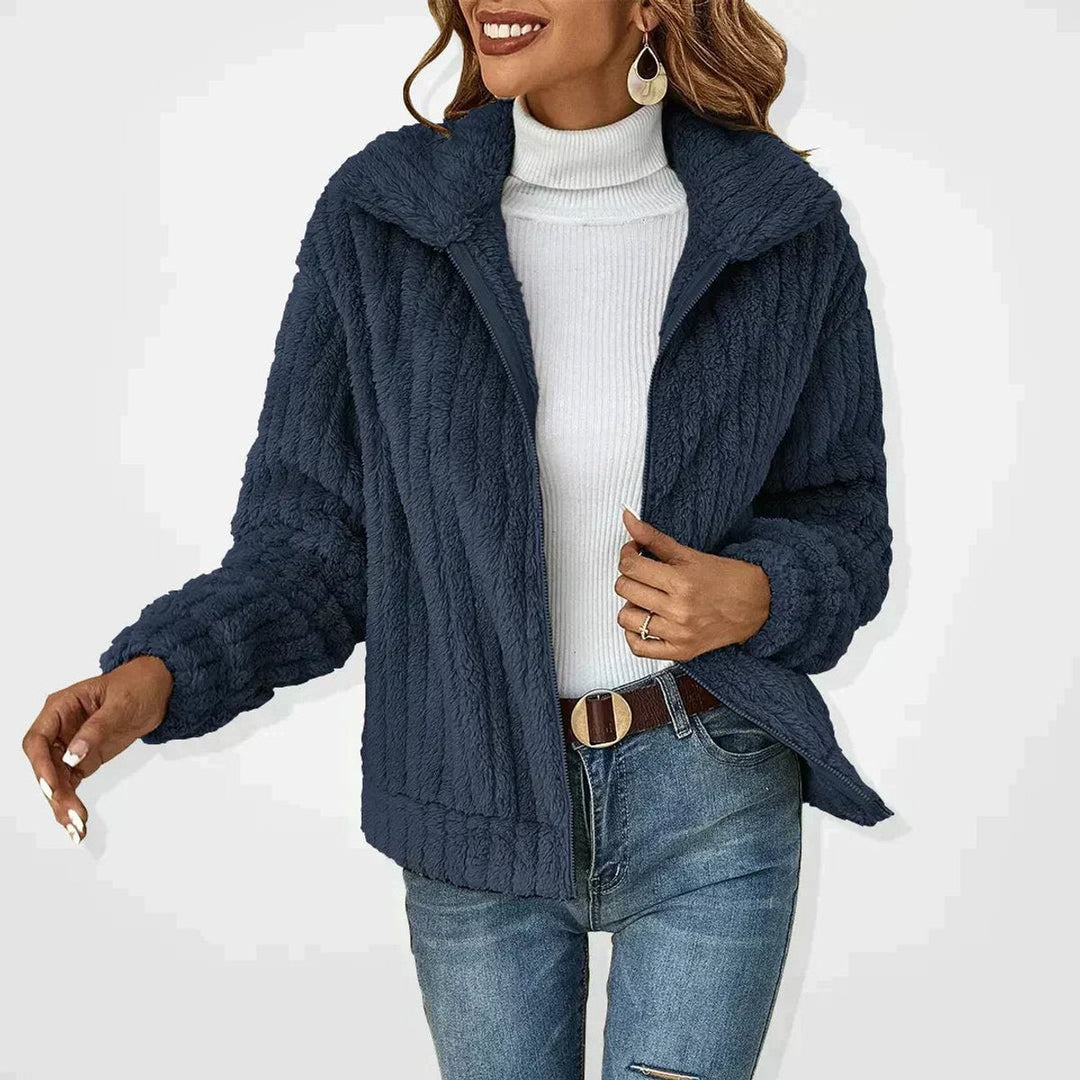 Wren fluffy zip-up sherpa cardigan jacket in navy blue, front view