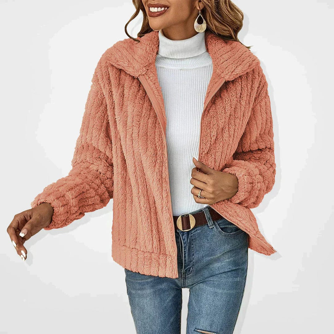 Wren fluffy zip-up sherpa cardigan jacket in pink, front view