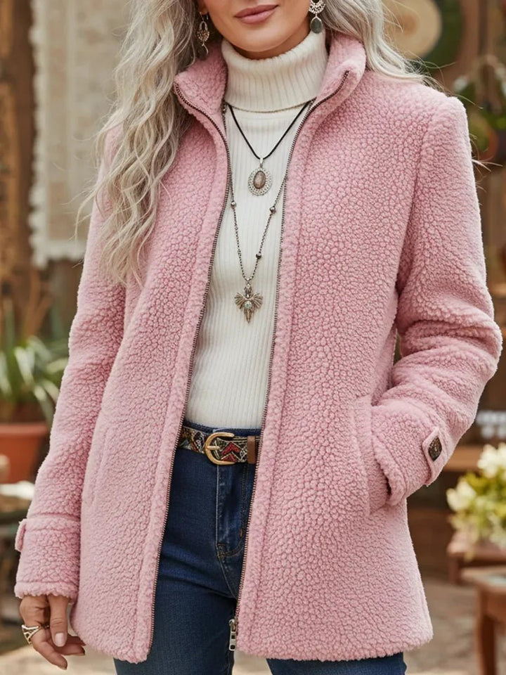 Wren pink sherpa jacket with stand collar, front view close-up