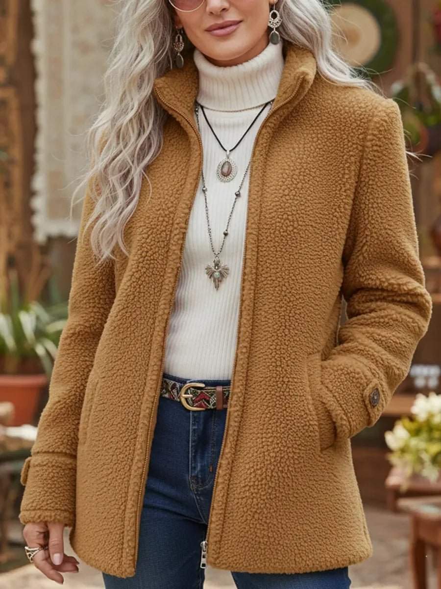 Wren camel sherpa jacket with stand collar, front view close-up