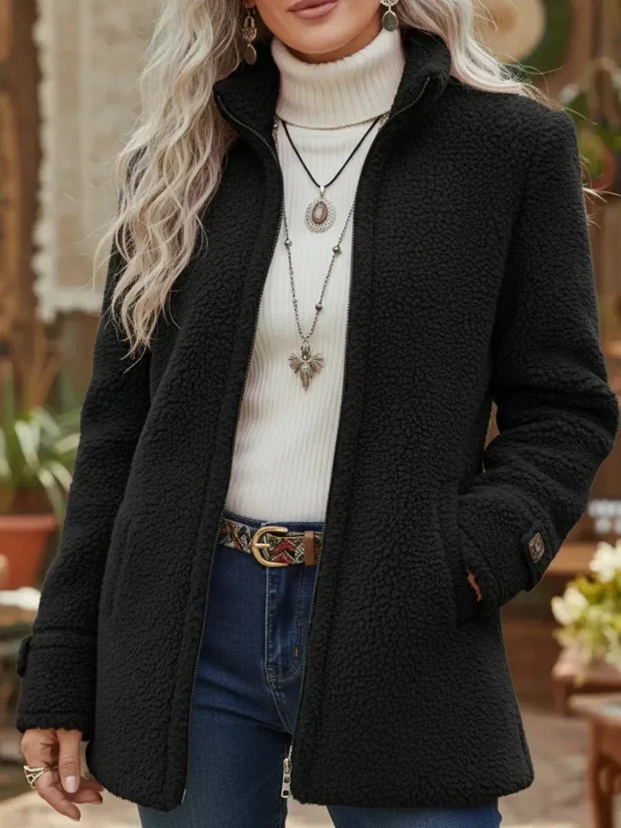 Wren black sherpa jacket with stand collar, front view close-up