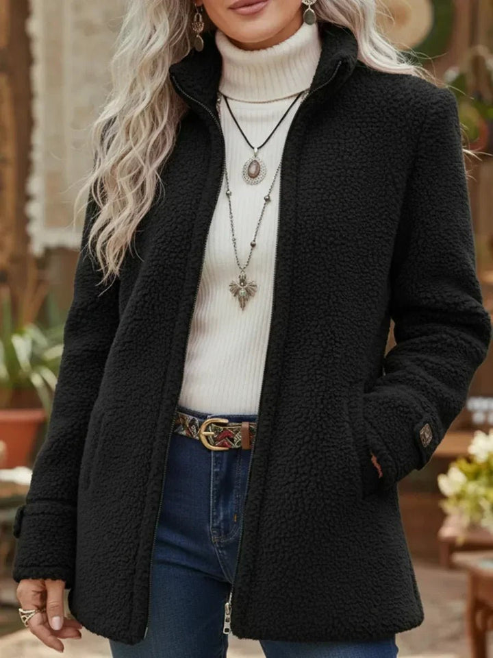 Wren black sherpa jacket with stand collar, front view close-up